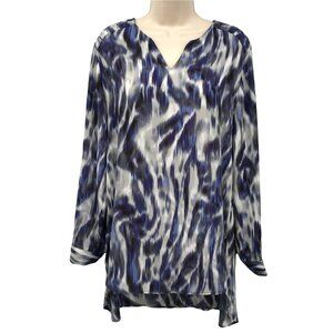 Chico's Womens Long Sleeves Watercolor Print High Low Hem Blue Blouse Top Size M